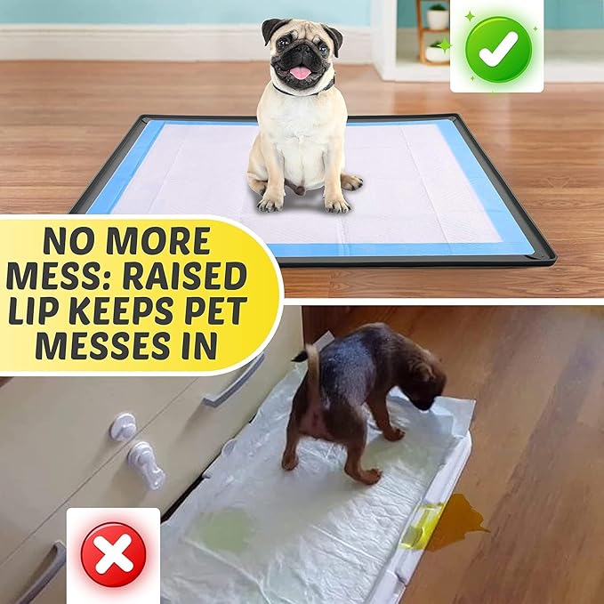 TidyFriend 2 Pk Pee Pad Holder Tray for 28” x 23” Pee Pads with Corner Lock Holes, Raised Edges, Non-Spill, Easy to Clean Silicone Dog Potty Tray Holder, for Indoor Floor Protection (Grey)