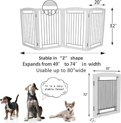 ZJSF Freestanding Foldable Dog Gate - Extra Wide White Puppy Gate for Stairs & Doorways - Tall 4 Panels Wooden Pet Fence