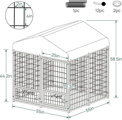 Dog Kennel Outdoor 4.5 x4.5 x4.9 ft with Roof and Rotating Bowl Holders, Large Metal Dog Enclosure, Heavy Duty Dog House Built with Robust 4mm Diameter Wire (4.5'L x 4.5'W x 4.9'H)