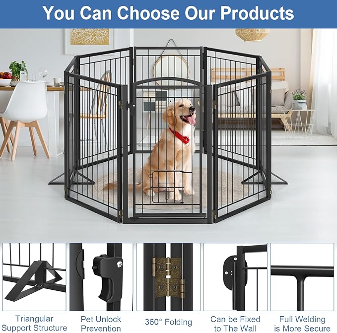Metal Free Standing Dog Gate with Cat Door for Indoor/Outdoor,160" Extra Wide Foldable Pet Gate,32" Tall Foldable Indoor Dog Fence for Large Openings Stairs,Deck,Yard,Doorways(8 Panels,Black)