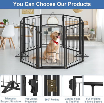 Metal Free Standing Dog Gate with Cat Door for Indoor/Outdoor,160" Extra Wide Foldable Pet Gate,32" Tall Foldable Indoor Dog Fence for Large Openings Stairs,Deck,Yard,Doorways(8 Panels,Black)