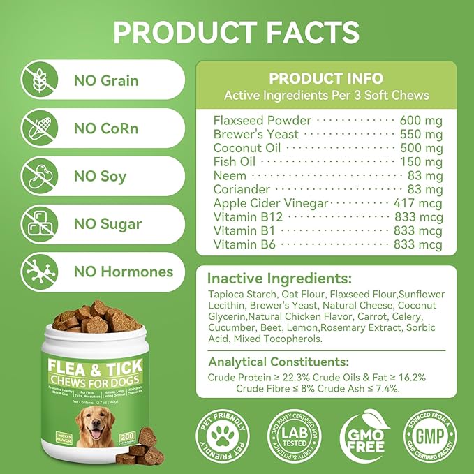 Dog Flea and Tick Chewables for Dogs 200Ct, Natural Support Supplement, Flea Supplement for Dogs, Flea and Tick Chews for Dogs Puppies, All Breeds & Sizes, Digestive Health