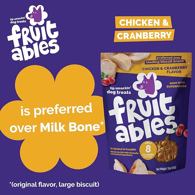 Fruitables Baked Dog Treats, Healthy Pumpkin Treat for Dogs, Low Calorie & Delicious, Made Without Wheat, Corn and Soy, Made in The USA, Allergy Friendly, Chicken and Cranberry Flavor, 7 oz