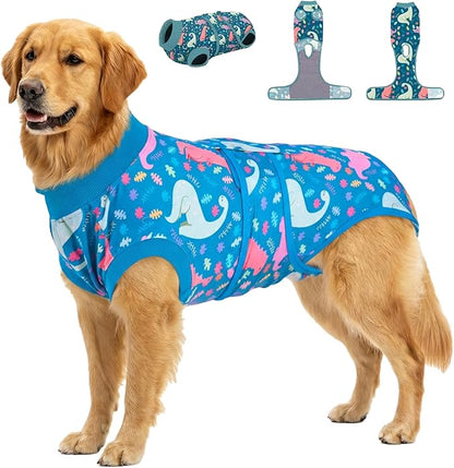 PetWarm Dog Recovery Suit After Surgery, Dog Bodysuit, Substitute E-Collar and Cone, Pet Surgery Recovery Suit, Female Male Dog Onesie for Spay Neuter, Dinosaur Pattern, Multi-Colored, 2XL