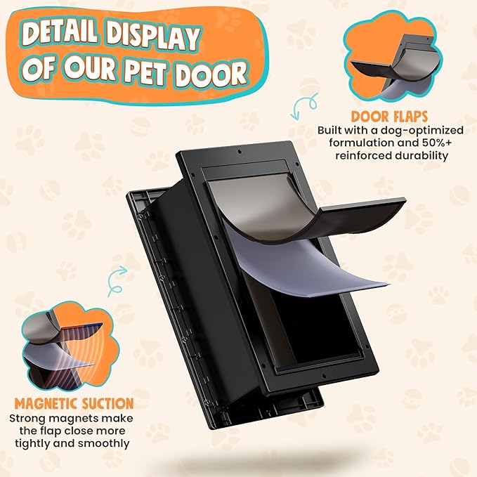 Dog Door 3 Flap, Plastic Dog Door for Wall, Large Doggy Door, Dogie Door for Interior & Exterior Walls, Magnetic Flaps, Insulation Flap, Closing Panel, Pet Door for Pets Up to 110lbs