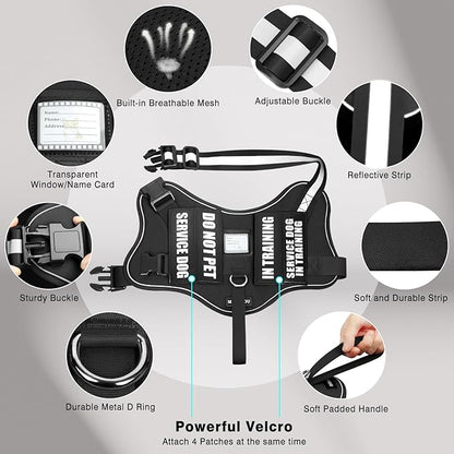 Service Dog Vest Harness and Leash Set+10 Patches,No Pull&Easy Walk Reflective Dog Harness with Soft Padded Handle for Training/Everyday,Fit Small/Medium/Large/Extra-Large Dogs (Black S)