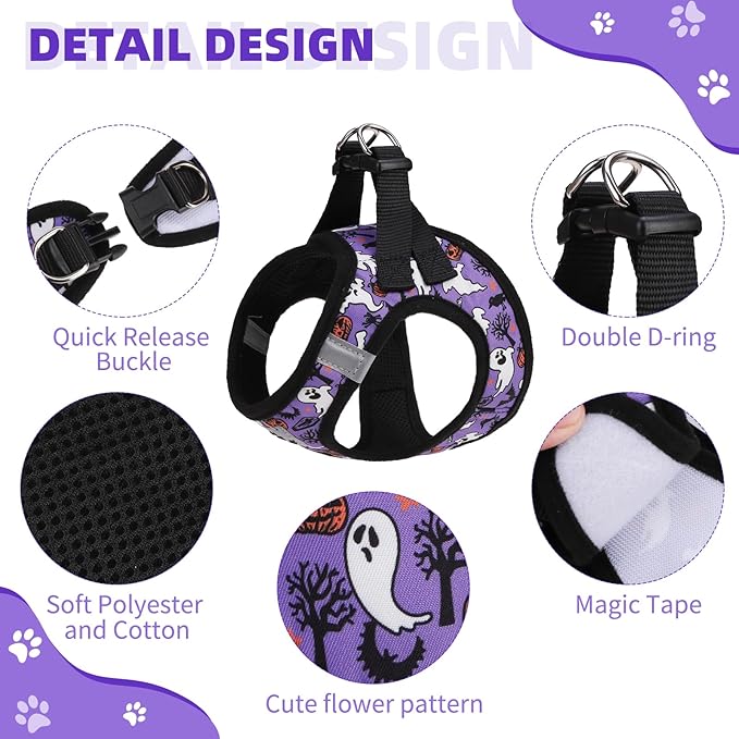 KOOLTAIL Halloween Dog Harness and Leash Set for Small Medium Dogs, Step in No Pull Soft Mesh Harness Comfort Padded Pet Vest, Adjustable Reflective Easy Walking Puppy Cats Harness Training, Ghost M