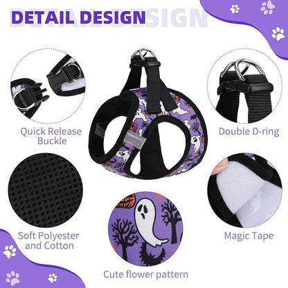 KOOLTAIL Halloween Dog Harness and Leash Set for Small Medium Dogs, Step in No Pull Soft Mesh Harness Comfort Padded Pet Vest, Adjustable Reflective Easy Walking Puppy Cats Harness Training, Ghost M