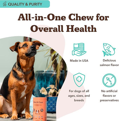 Natural Dog Company Skin & Coat Supplement Chew for Dogs – Omega 3 Salmon Oil, Biotin & Vitamin E Support Shiny Coat, Healthy Skin & Normal Shedding, Promotes Comfort from Occasional Itch, 180 Count