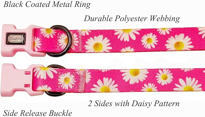 Dog Collar and Leash Set, Cute Pink Daisy Pattern, Polyester Material, 5ft Leash, for Medium Dogs.(M, Daisy Set)