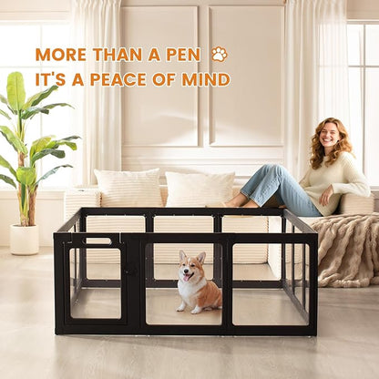 Clear Acrylic Dog Playpen Indoor, Puppy Cat Small Pet 2 Room Play Pen, Pet Cat Playpen for Rabbits, Dog Fence Crate Kennel Whelping Cage (24", Black, 12 Panel)