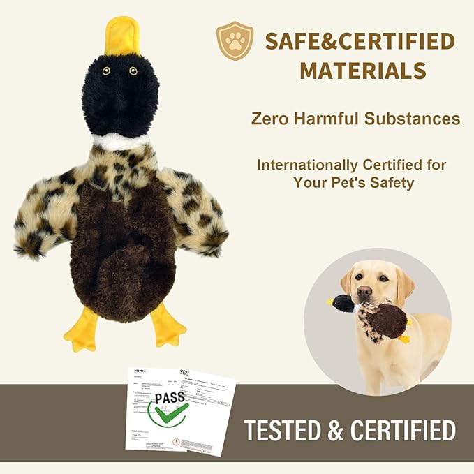 Duck Dog Squeaky Toy for Aggressive Chewers - No Stuffing Durable Plush with 4 Squeakers & Crinkle Wings, Chew Proof Puppy Toys for Small Medium Large Dogs (Black & Brown)
