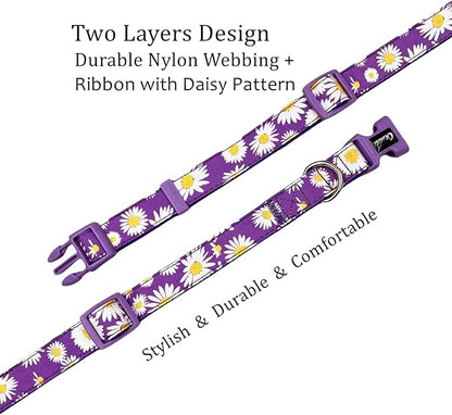 Dog Collar Leash Set, Floral Pattern, Nylon Webbing Plus Cotton Ribbon, 5ft Matching Leash, for Medium Dogs.(M, Purple Daisy)