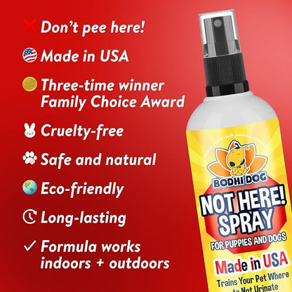 Bodhi Dog Not Here Spray - Trains Pets Where Not To Pee - Dog & Puppy Potty Training Spray to Stop Marking & Urinating Indoors or Outdoors - Safe for Furniture, Carpet & Floors - Made in USA (8 Fl Oz)