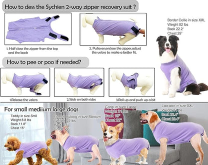 Dog Recovery Suit Female Spay Surgery Small Puppy Onesie, Zipper Closure Cotton Striped Wounds Protect Surgical Suit, Plain Purple XS