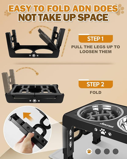 Jovrun Elevated Dog Bowls for Medium Size Dogs with Mat, Non-Slip Dog Feeder with 1*Stainless Steel Dishes & 1*Slow Feeder Bowl, 5 Heights Adjustable Raised Bowls for 3.15″-8.66″-9.84″-11.02″-12.2″