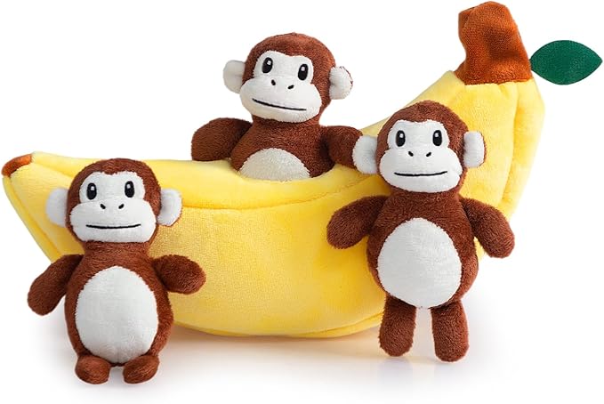 Hollypet Squeaky Dog Toy, Interactive Plush Hide and Seek Dog Toys for Small Medium Sized Dogs and Non-Aggressive Chewers, Puppy Teeth Clean Chew Toys, Banana and Monkeys