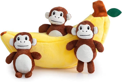 Hollypet Squeaky Dog Toy, Interactive Plush Hide and Seek Dog Toys for Small Medium Sized Dogs and Non-Aggressive Chewers, Puppy Teeth Clean Chew Toys, Banana and Monkeys