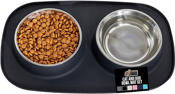 GORILLA GRIP Feeding Mat Bowl Set, 3 Cup 100% Waterproof BPA Free Silicone Base, 304 Stainless Steel Cat and Dog Bowls for Food and Water, Slip Resistant, High Edge, US Designed, Patent Pending, Black