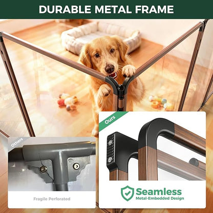 FXW AuraSpace Pro Acrylic Indoor Dog Playpen, Heavy-Duty with Metal Frame, 40" Height 6 Panels for Medium and Large Dogs, Walnut│Patented