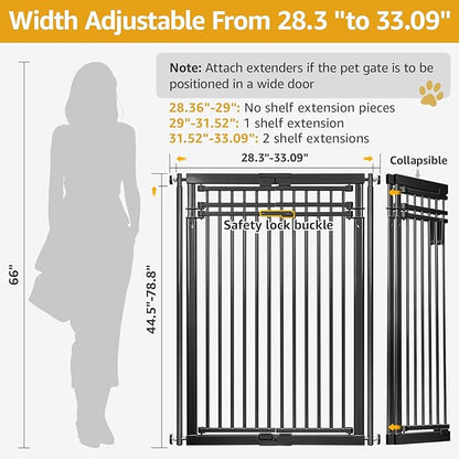 78.8" Extra Tall Cat Gate, 28.3-33" Wide Cat Door for Stairs, Pressure Mounted Easy Walk Through Safety Metal Pet Door for Doorway, No Drilling Pet Gate for Dogs (Black)
