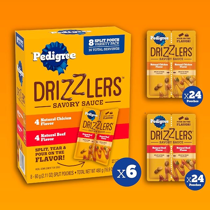 Pedigree Drizzlers for Dogs, Wet Dog Food Gravy Savory Sauce Multipack, 60g Dual-Serving Pouch, 8 Count, Pack of 6 (48 Pouches, 96 Servings Total)