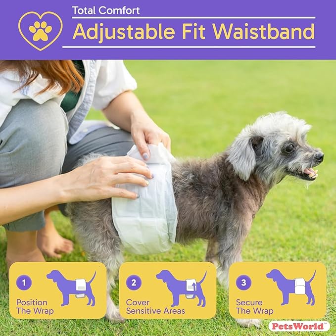 PetsWorld Dog Diapers Male Large 200 Count Disposable Male Dog Wraps – Super Absorbent Belly Bands with Wetness Indicator, Fur-Friendly Adjustable Fit for Incontinence & Training (Waist 21–30 in)