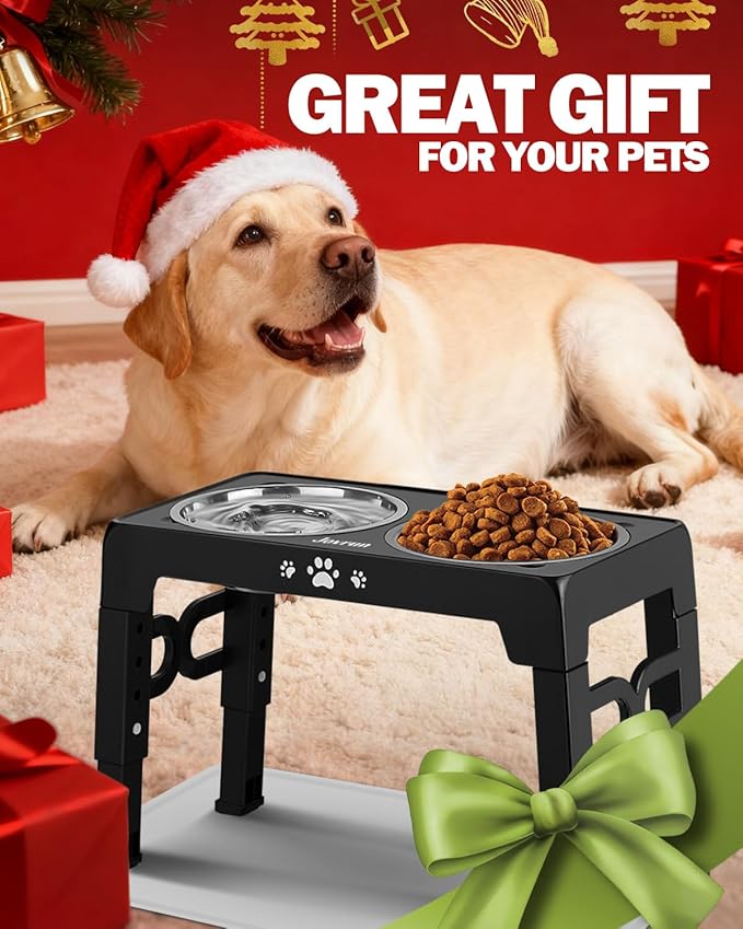 Jovrun Elevated Dog Bowls for Medium Size Dogs with Mat, Non-Slip Dog Feeder with 1*Stainless Steel Dishes & 1*Slow Feeder Bowl, 5 Heights Adjustable Raised Bowls for 3.15″-8.66″-9.84″-11.02″-12.2″