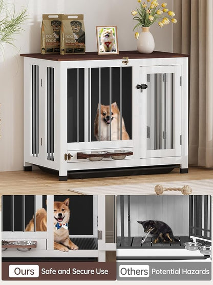 Dog Crate - 31.5" Wooden Dog Kennel Furniture with 360° Rotating Feeder & Removable Tray | Indoor Multi-Functional End Table for Medium & Small Dogs, White Dog Cage, Portable Pet Furniture
