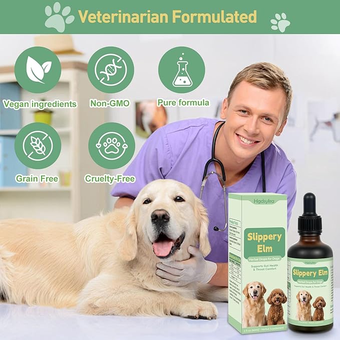 Slippery Elm for Dogs, Organic Slippery Elm Inner Bark Extract Drops for Sensitive Stomach Dogs, Support Digestive Tract Gut Lining Throat Health Bowel Function, Herbal Liquid Formula 2 Fl Oz