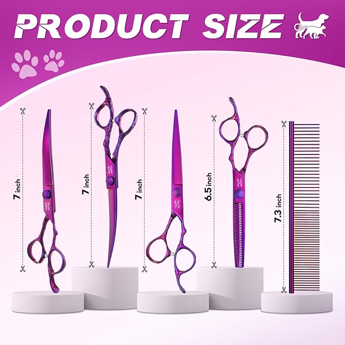 JASON Dog Grooming Scissors Set - Professional 6 in 1 Dog Shears Kit - 6.5" Thinning, 7" Straight, 7" Up-Curved, 7" Down-curved Scissors and Comb for Cat Pet with Adjustable Screw (Purple) Gift