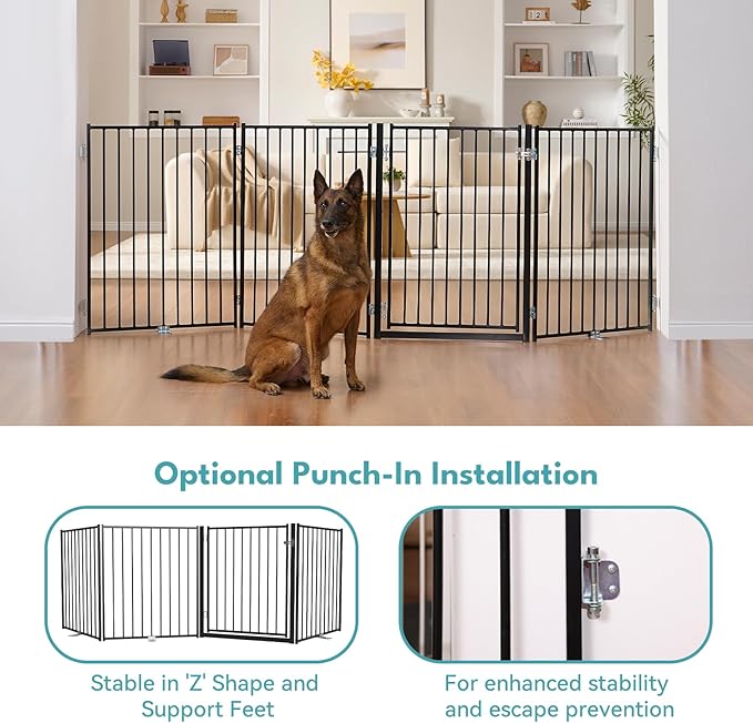 No Pawblems Free Standing Dog Gate with Door, 36'' Tall Foldable Dog Fence for Indoor & Outdoor, Up to 104 Inch Extra Wide Puppy Gate for Stairs, Hallways, Doorways, Deck, Yard (Black, 4 Panels)