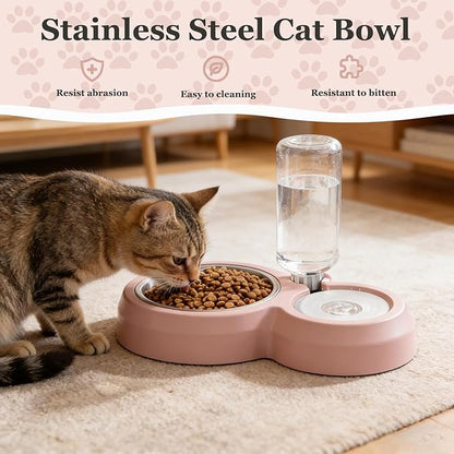 Double Dog Cat Bowls, Pets Food and Water Bowl Set with Automatic Water Dispenser and Stainless Steel Bowl Silicone Dog Bowl Mat, Gravity Feeder for Cats and Small Dogs Puppies (Pink)
