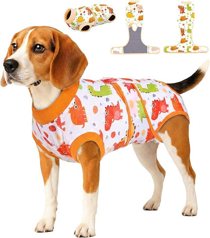 PetWarm Dog Surgery Recovery Suit Male Neuter, Recovery Suit for Dogs, Dog Recovery Shirt Abdominal Wounds Bandages Substitute E-Collar and Cone, Dinosaur Pattern, Yellow, S