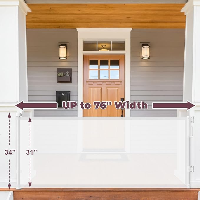 76" Retractable Baby Gates Extra Wide, Mesh Long Dog Gate for Wide Openings, Indoor Outdoor Stair Gate for Doorways Hallways Deck Porch, Child Pet Safety Essentials for Home, White