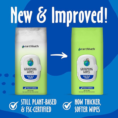 earthbath, Green Tea & Awapuhi Grooming Wipes - Dog Wipes for Paws and Butt, Best Pet Wipes for Dogs & Cats, Made in USA, Cruelty-Free Dog Cleaning Wipes, Removes Dirt & Dander - 100 Count (1 Pack)