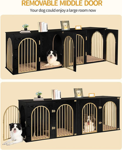 Hzuaneri 88.4" Dog Crate Furniture for 2 Dogs, Heavy Duty Indoor Dog Kennel TV Stand, XXL Wooden Dog Cage with Divider for Medium Large Dogs, End Table Dog Crate with Cushion, Black Gold DFC84004AV1