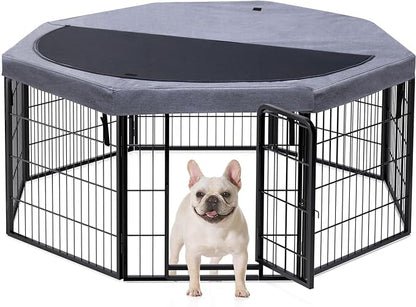 PETIME Dog Playpen,Metal Exercise Puppy Pen Heavy Duty Kennels Yard Fence Indoor/Outdoor 22" W x 24" H 8 Panels Dog Cage with Octagon Top Cover