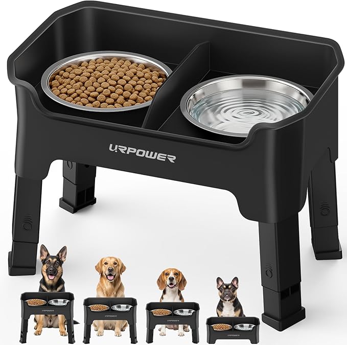 URPOWER Mess Proof Elevated Dog Bowls, High Wall Splash Guard Design, 4 Height Adjustable Raised Bowl Stand, 2 Stainless Steel Bowls, Non-Slip Food Water Set for Small Medium Large Dogs
