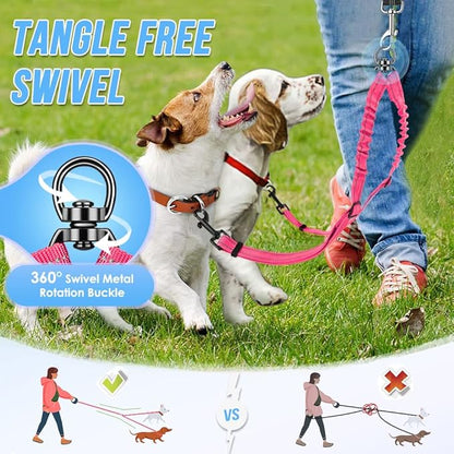 AUTOWT Double Dog Leash, No Tangle 360°Swivel Rotation Reflective Lead Attachment Adjustable Length Dual Two Dogs Lead Splitter, Comfortable Shock Absorbing Walking Training for 2 Dogs