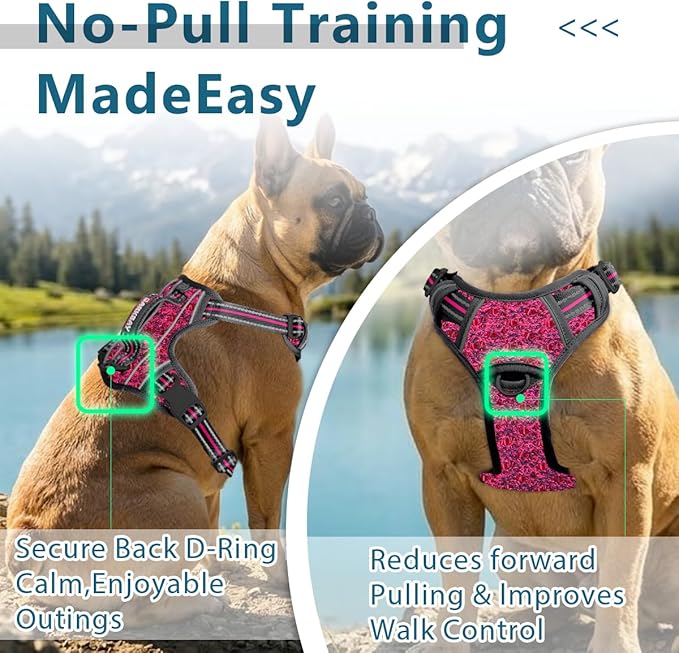 BARKBAY Dog Harness No Pull with ID Tag Pocket - Heavy Duty, Reflective, Easy Control for Large Dogs(Pink/Black,M)