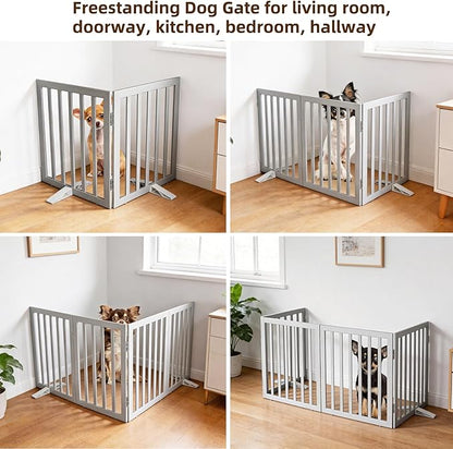 ZJSF Freestanding Indoor Dog Gate for House Foldable Wood Puppy Gate for Doorways Pet Gate for Stairs Extra Wide Pet Fence, Grey, 32" Height 2 Panels