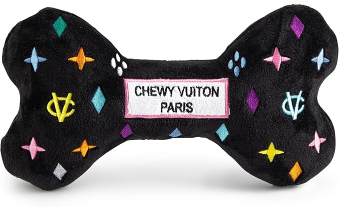 Haute Diggity Dog Chewy Vuiton Bone Plush Squeaky Dog Toy, Soft Durable Designer-Inspired Stuffed Puppy Chew Toys for Small, Medium & Large Dogs, Machine-Washable (Black Monogram) XL