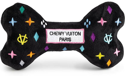 Haute Diggity Dog Chewy Vuiton Bone Plush Squeaky Dog Toy, Soft Durable Designer-Inspired Stuffed Puppy Chew Toys for Small, Medium & Large Dogs, Machine-Washable (Black Monogram) XL