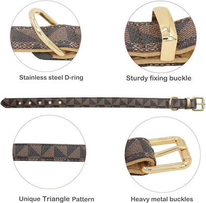 Leather Dog Collar and Leash Set, Check Pattern Dog Collar Leashes Metal Buckle Adjustable Durable for Small Medium Large Dogs (Brown, M(11.8-15IN))