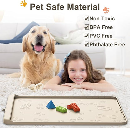 Dog Food and Water Mat 28x20 Inch Sand Color - Non-Slip Silicone Mat with High Edges & Residue Pocket - Waterproof Pet Feeding Mat for PET