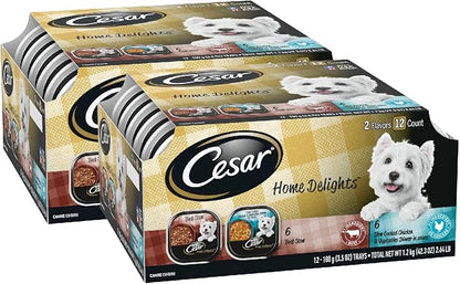 Cesar Home Delights Adult Wet Dog Food, Slow Cooked Chicken & Vegetables Dinner in Sauce and Beef Stew Variety Pack, Wet Food for Dogs, 3.5 oz Tray, 12 Count (Pack of 2)