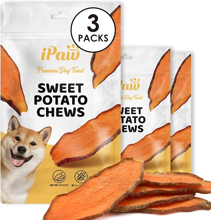 iPaw Sweet Potato Chews, Single Ingredient Dog Treats for Vegetarian, All Natural Human Grade Puppy Chew, Rawhide Alternative, Hypoallergenic, Easy to Digest, 3 Packs