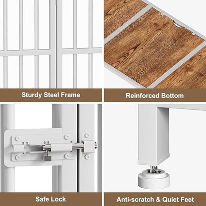 Easycom 43" Dog Crate Furniture Foldable, No Assembly Decorative Dog Kennel Indoor, XL Dog Crates for Large Dogs (60-80 lbs), Wooden Dog Cage with Adjustable Bowls and Name Tag, White & Beech