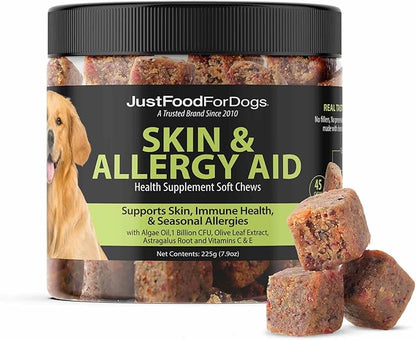 JustFoodForDogs Skin & Allergy Supplement for Dogs, Human Grade Dog Supplements, Skin & Coat Support, Multivitamin Soft Chews, Omega 3 Oil, Superfood Blend, Plant Based Dog Vitamins - 45 Count